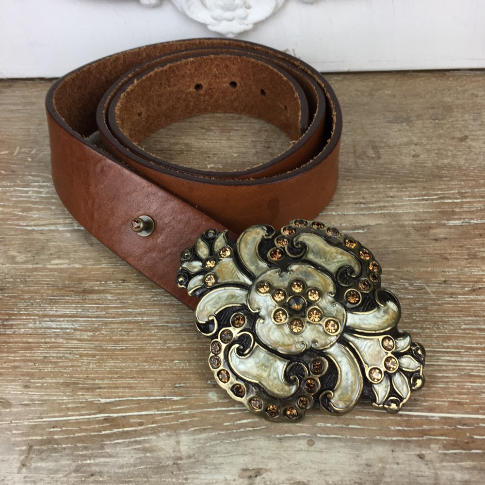 Brown leather belt with embellished buckle